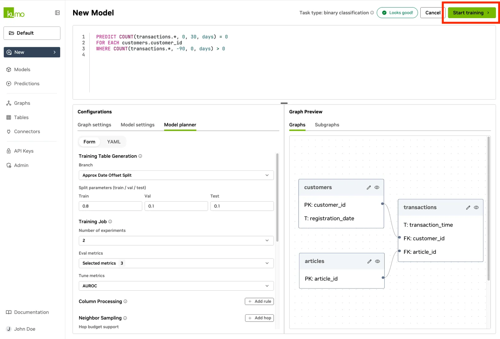 Start Training button on the model configuration page