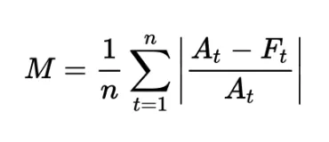 Formula for MAPE: mean of absolute percentage differences between actual and forecast values