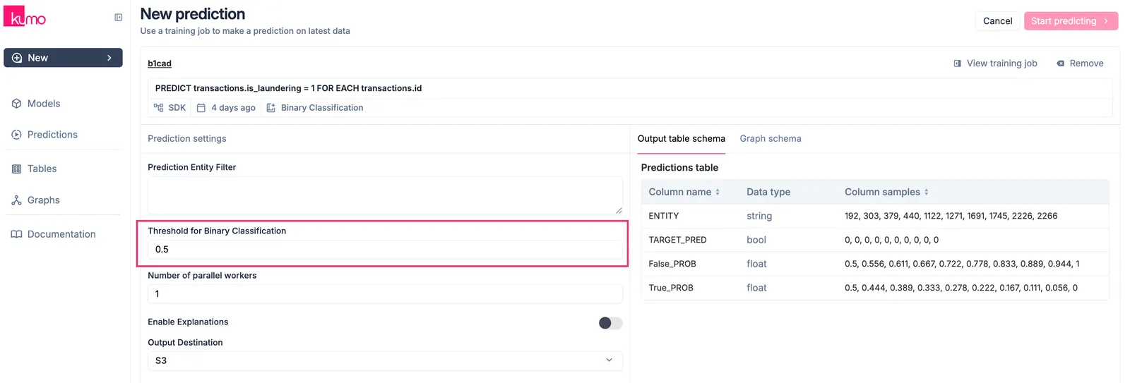 Batch prediction settings panel showing classification threshold configuration