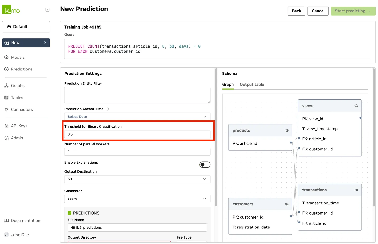 Batch prediction settings panel showing classification threshold configuration