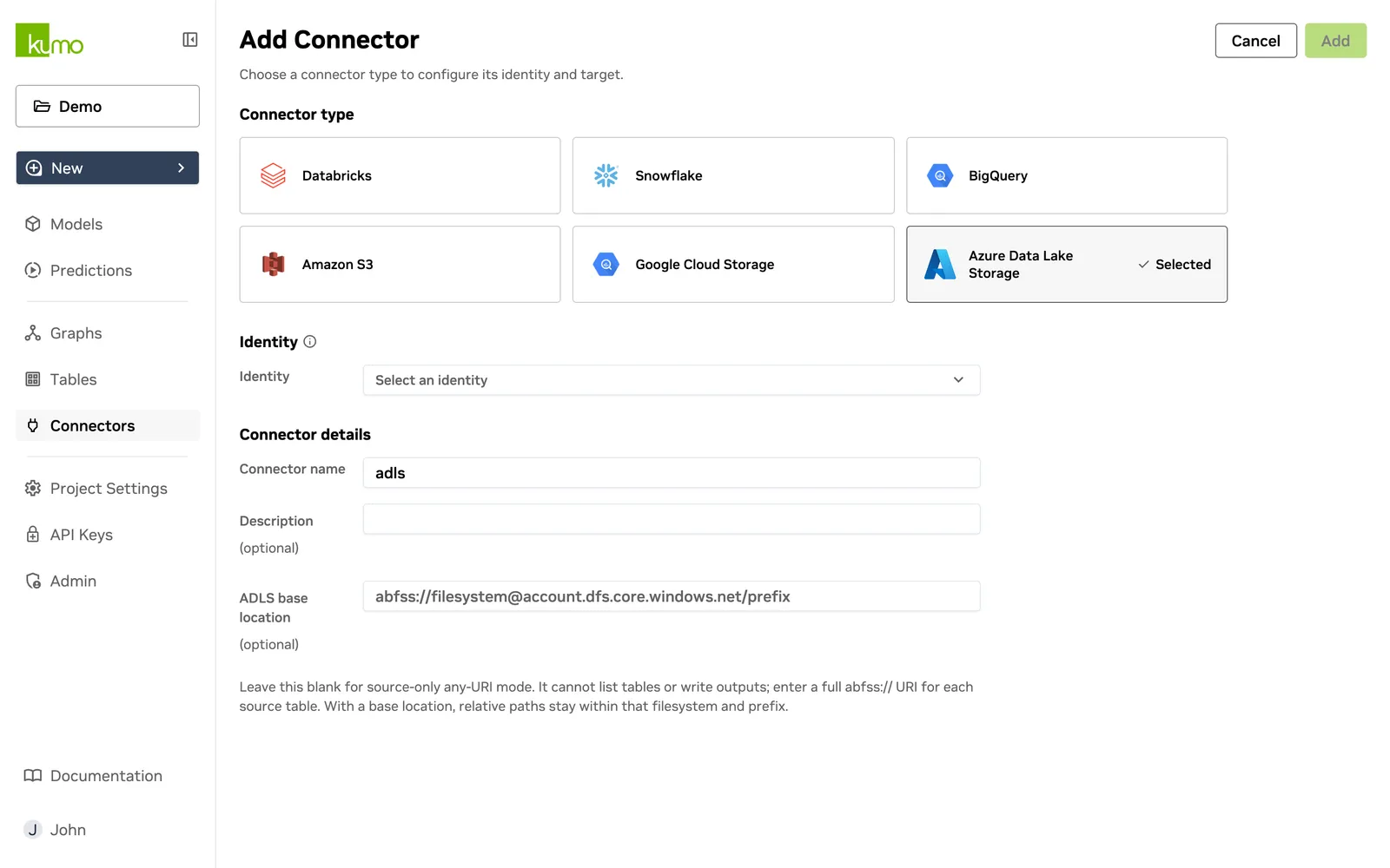 Add Connector page with Azure Data Lake Storage selected as the connector type