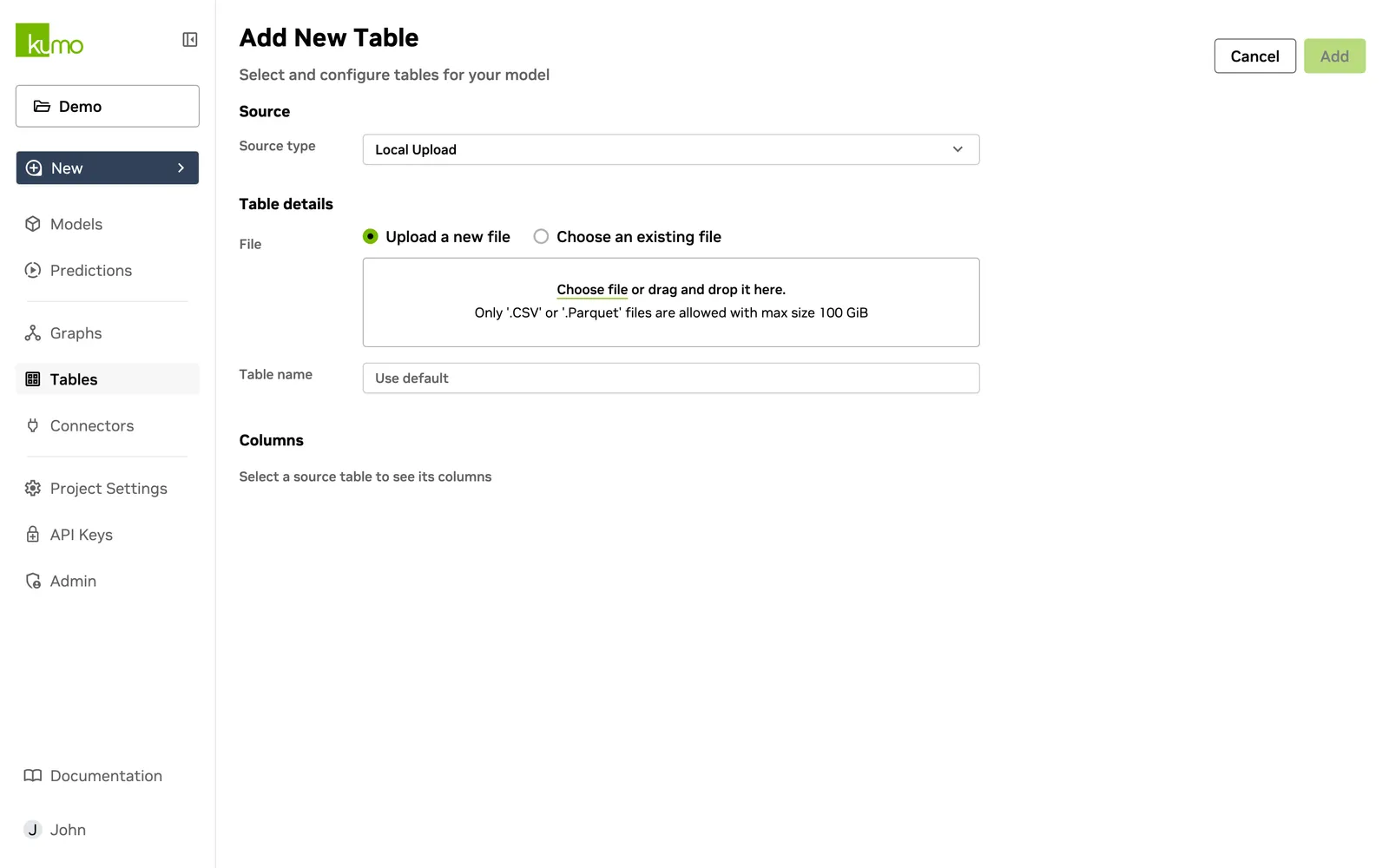 Add New Table page with Local Upload selected as the source type, showing the file drop area