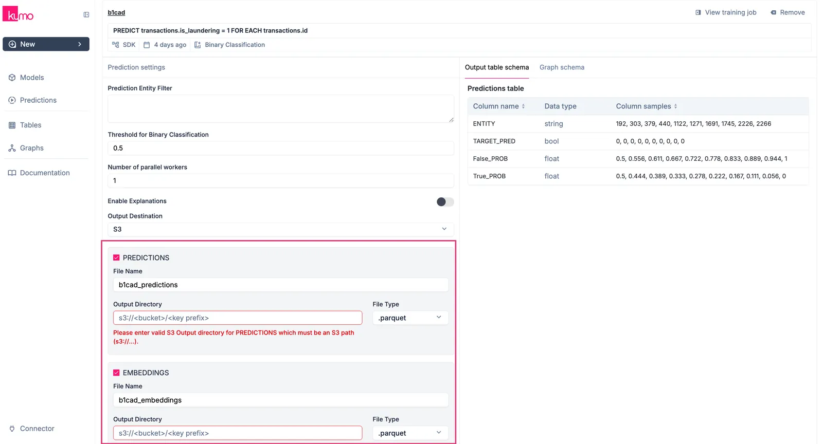 Output type selector showing Predictions and Embeddings options