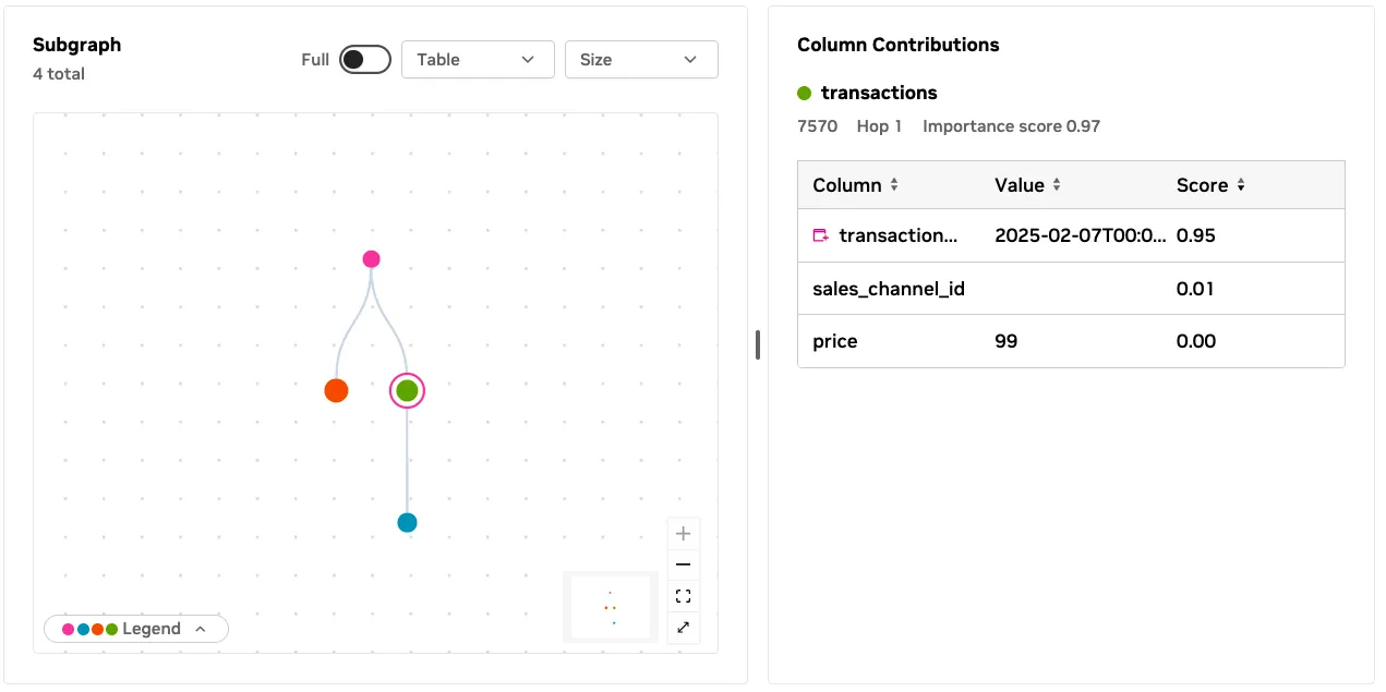 Subgraph with a selected transaction and its column contribution scores