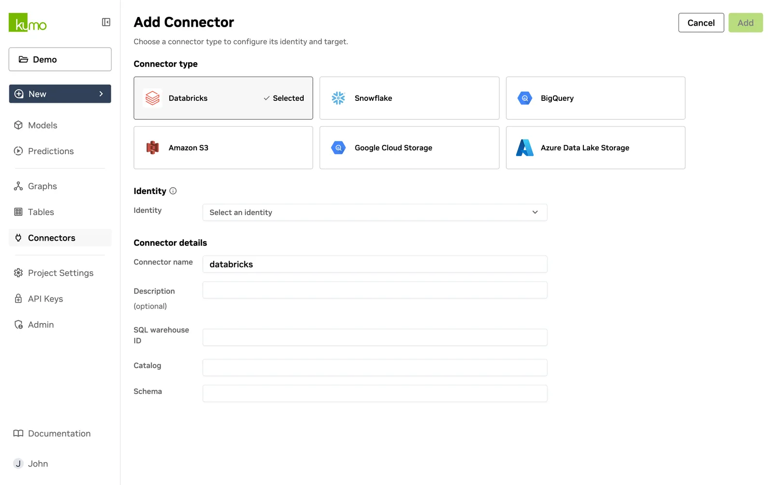 Add Connector page with Databricks selected as the connector type