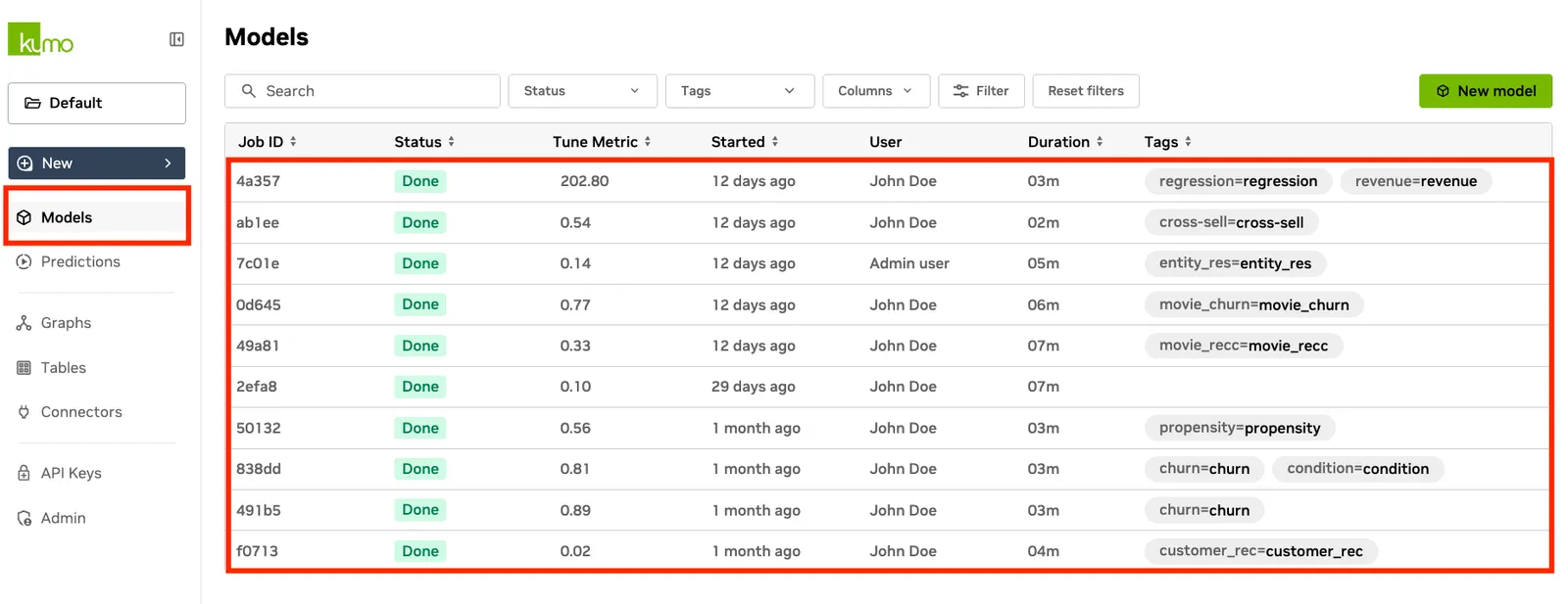 Training job status under the Models tab