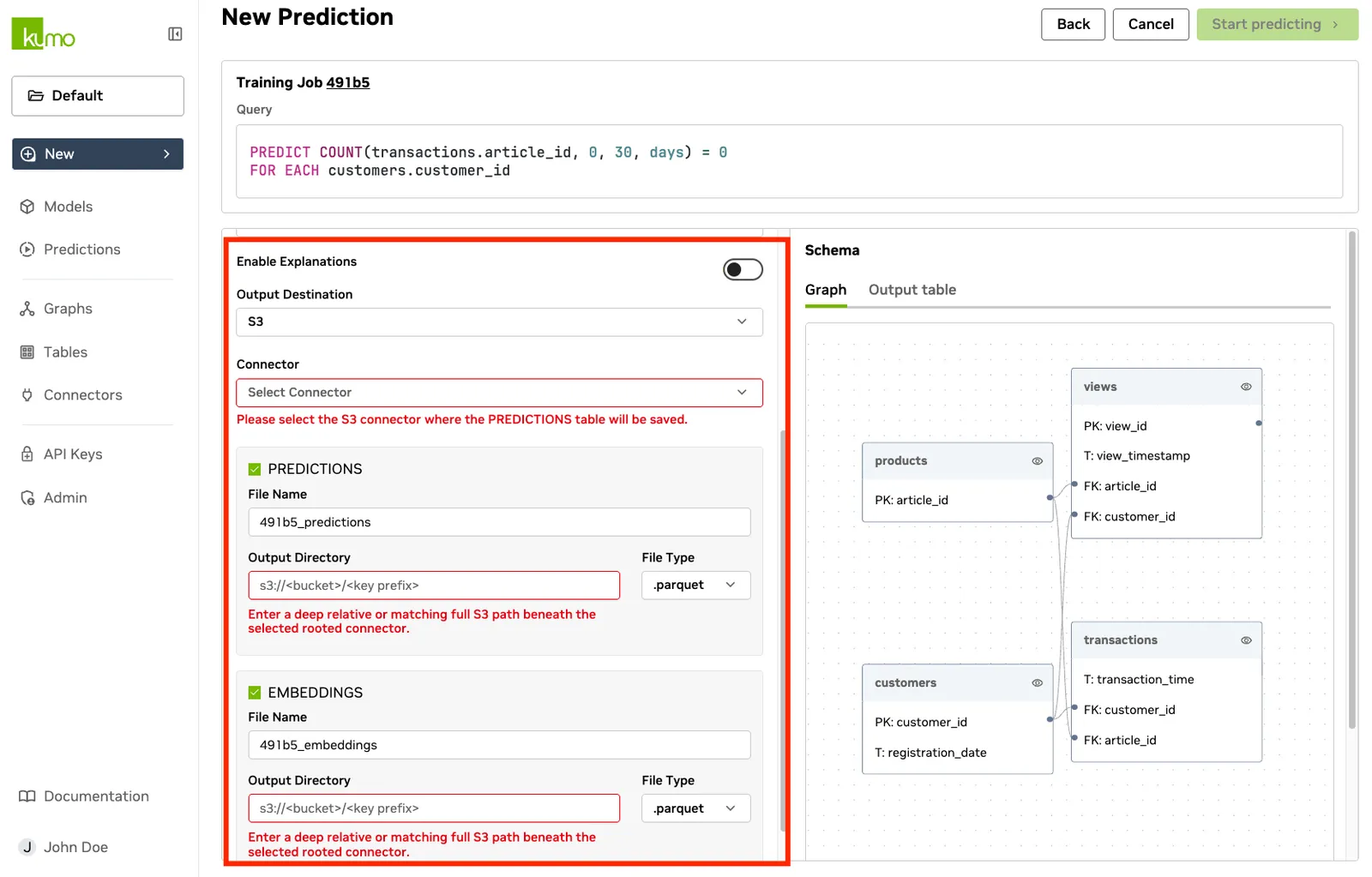 S3 output destination settings for predictions and embeddings