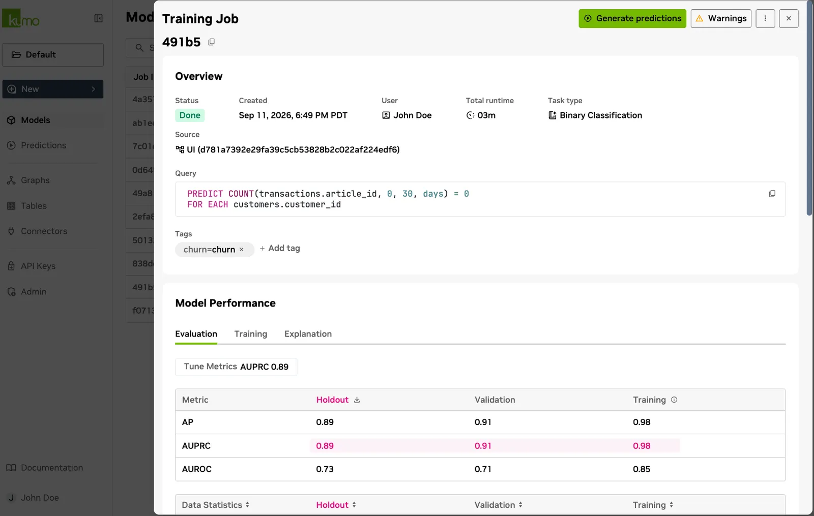 Evaluation tab showing holdout, validation, and training metrics