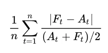Formula for SMAPE: symmetric mean absolute percentage error normalizing by the sum of actual and forecast values