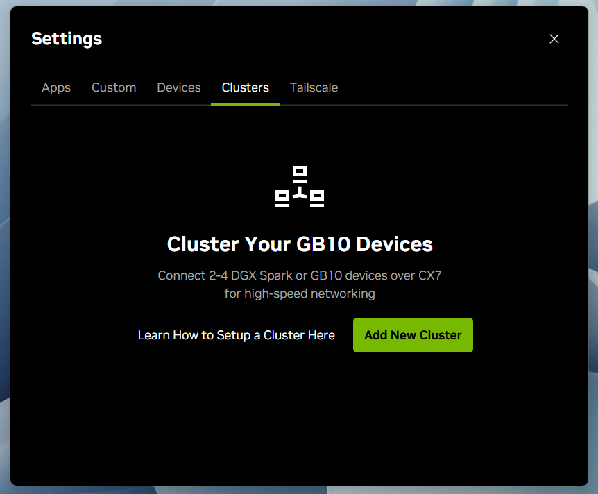The NVIDIA Sync Cluster Assistant tab in the Settings window.