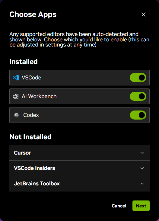 The default application selection modal shown when onboarding to NVIDIA Sync.