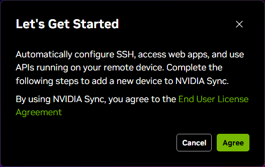 The license agreement modal for NVIDIA Sync.