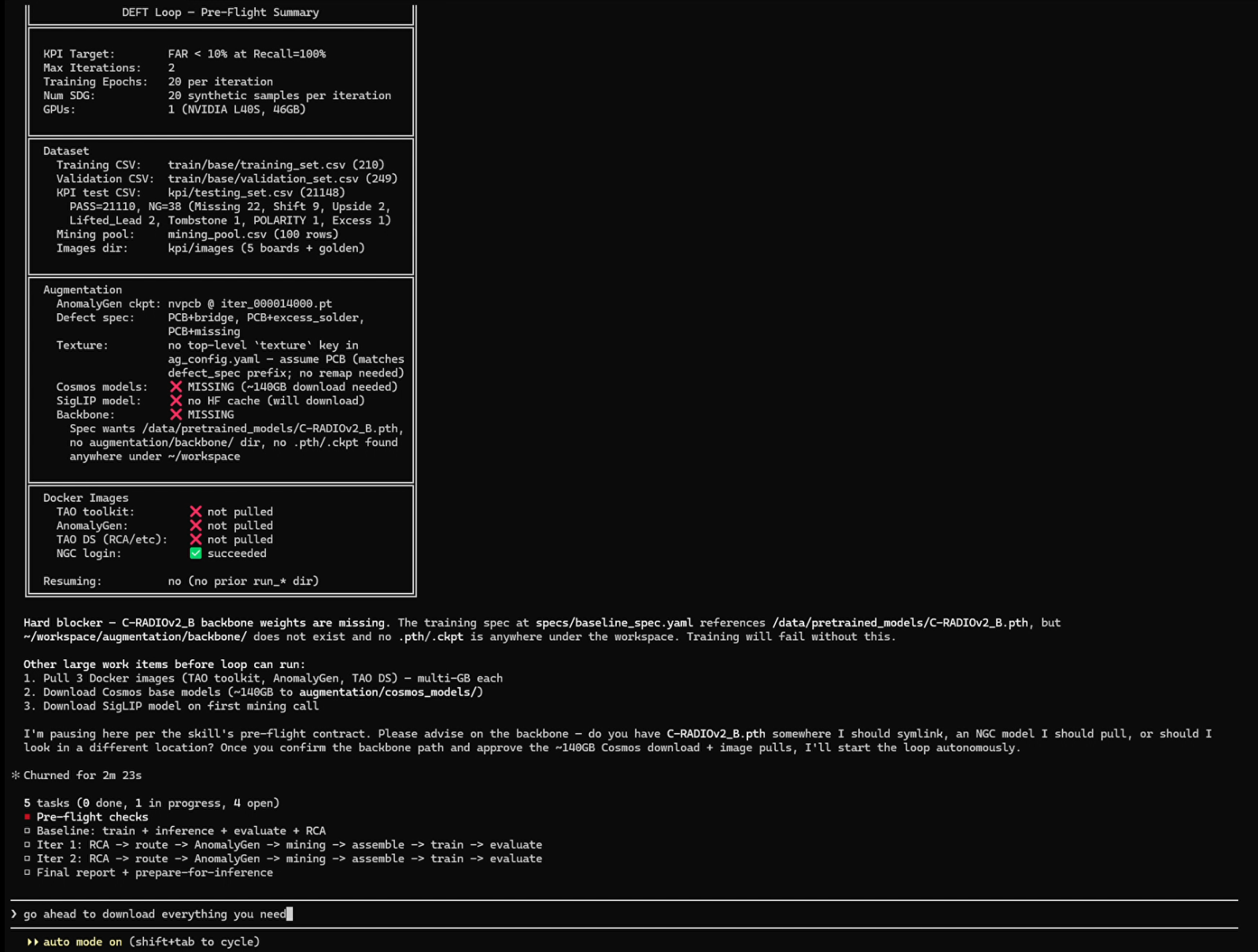 DEFT loop pre-flight stage output showing dataset, augmentation, and tool resolution