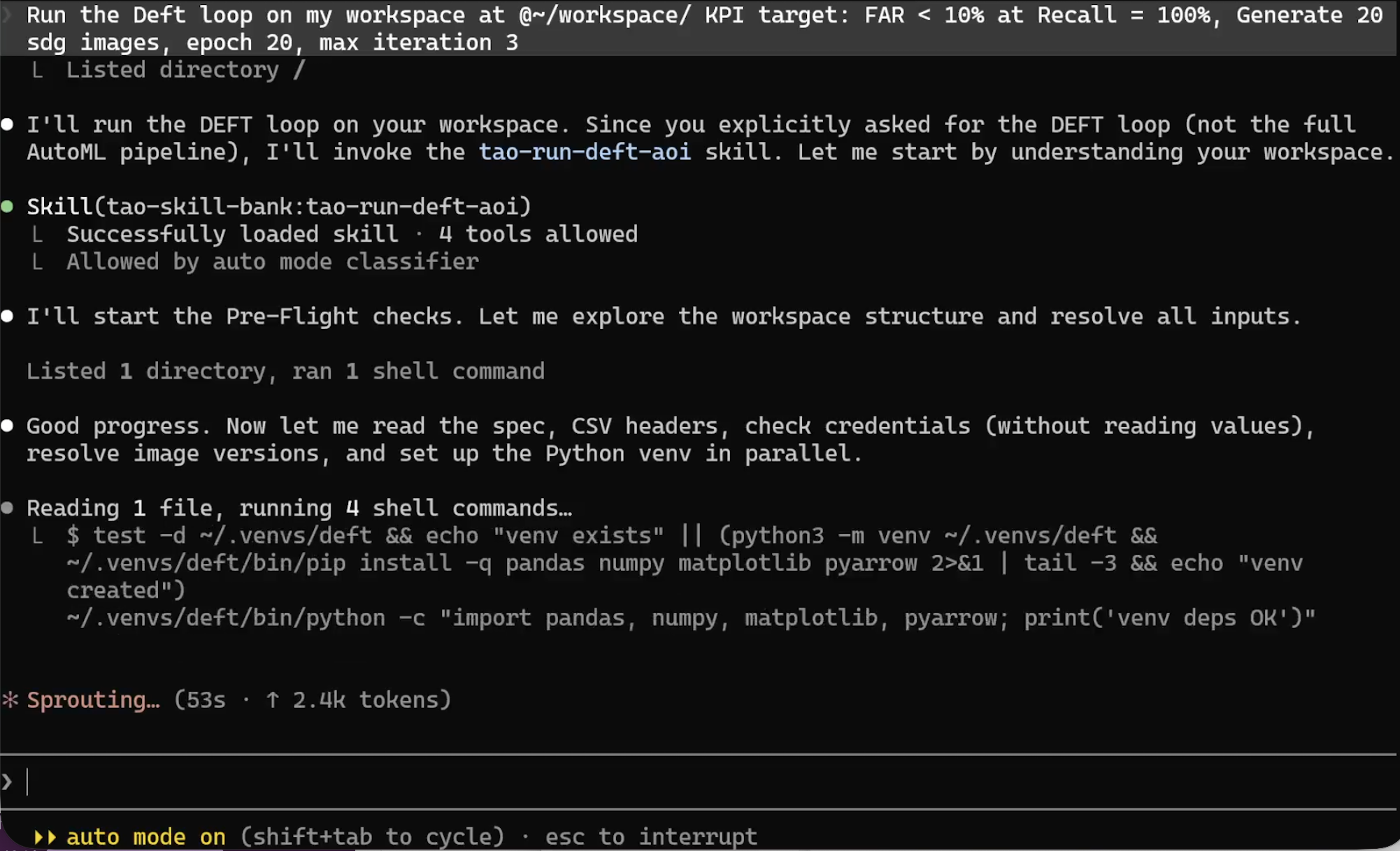 Example prompt for running the DEFT loop and the agent's initial response