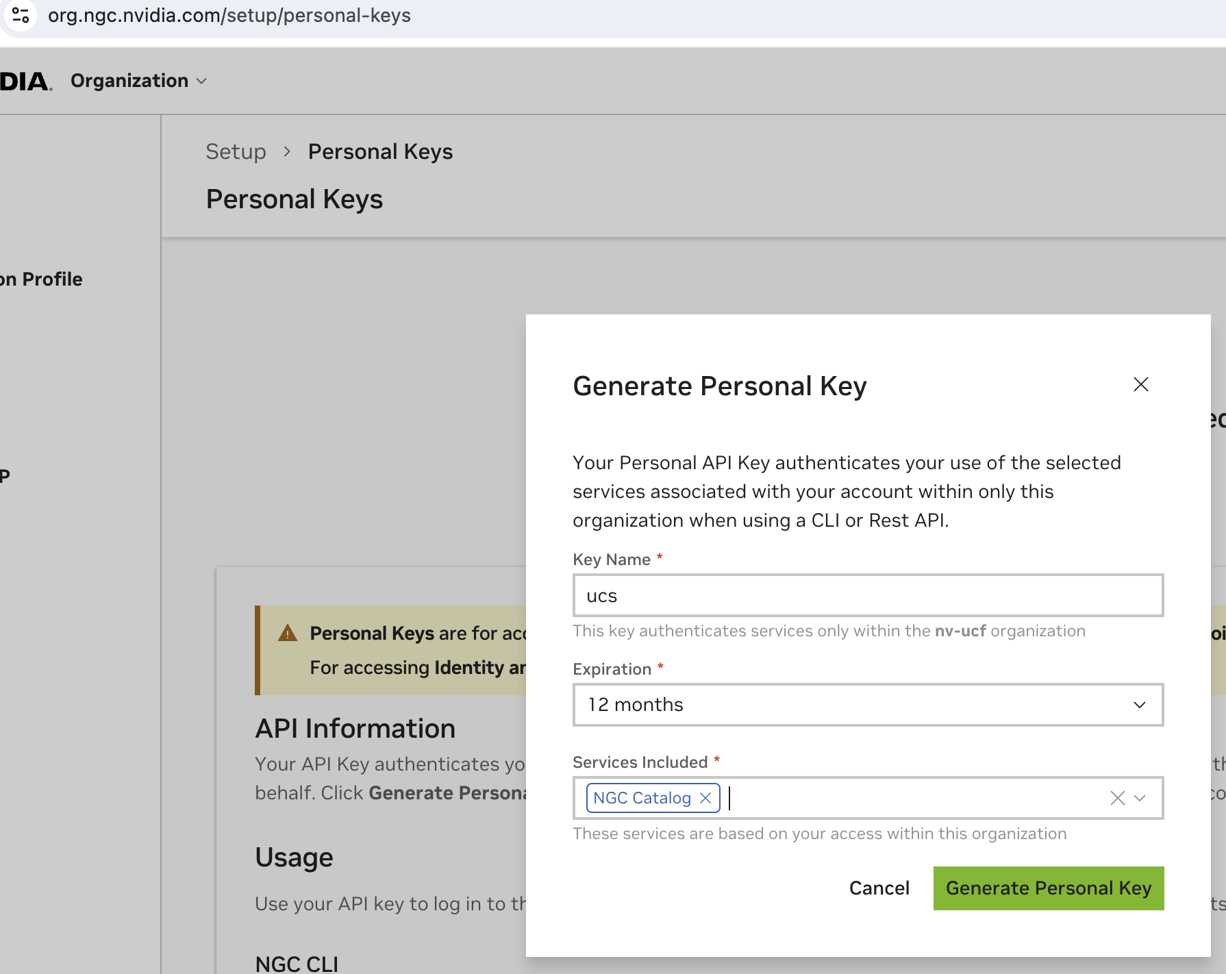 Generating the NGC Personal Key with NGC Catalog scope added
