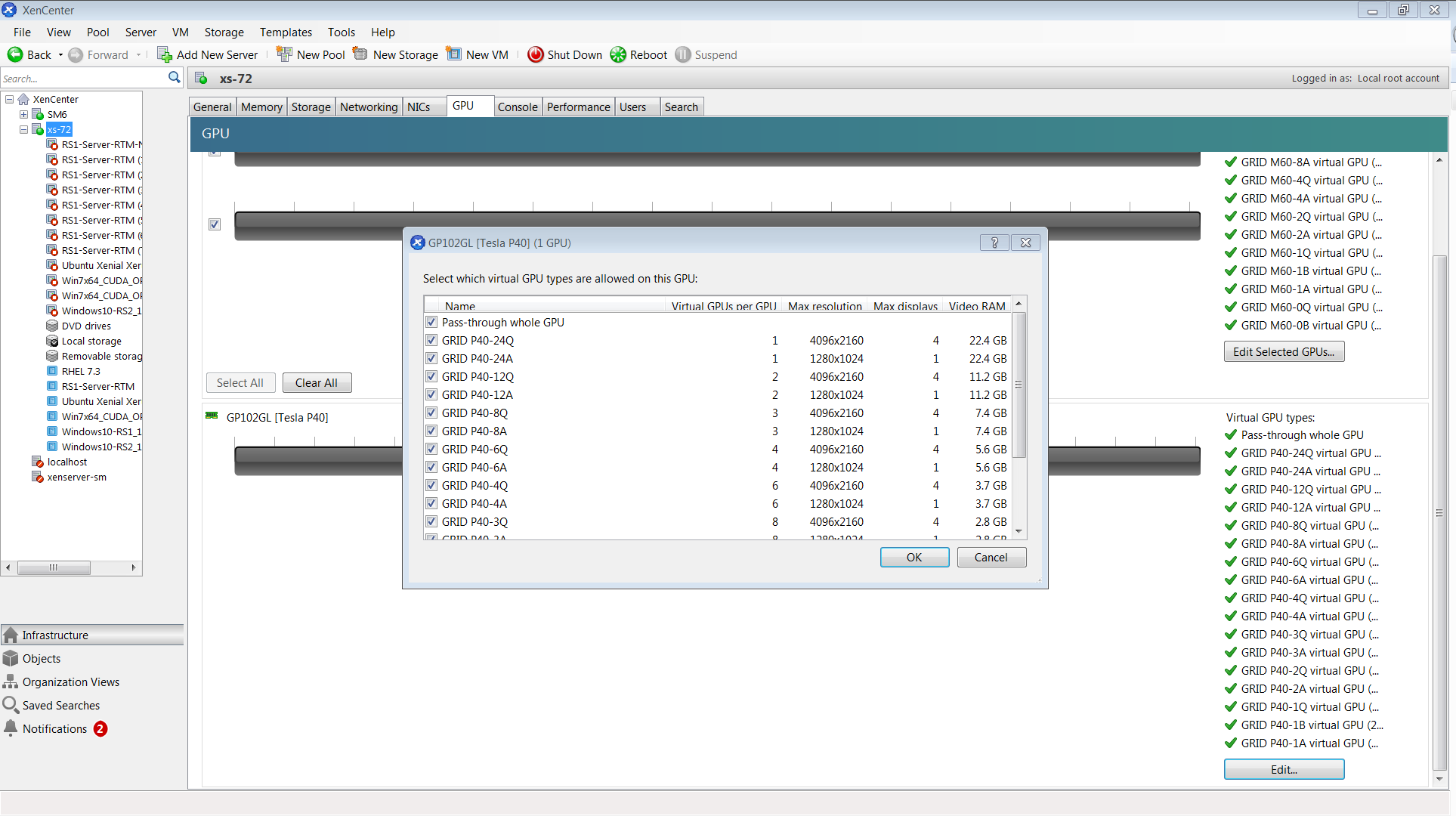 Screen capture showing how to edit a GPU’s enabled vGPU types using XenCenter