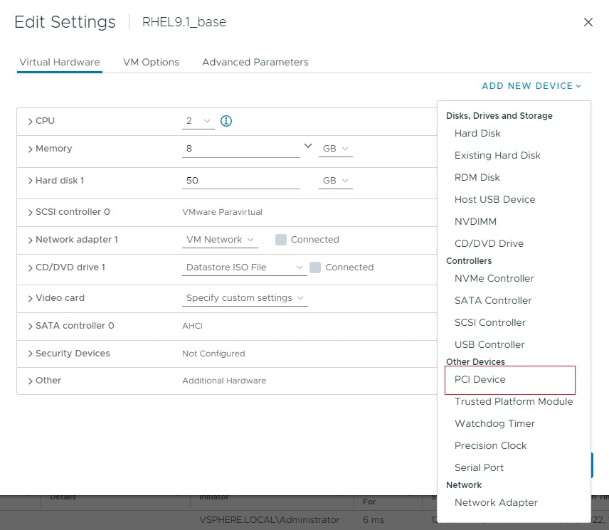 Screen capture showing the PCI Device command on the ADD NEW DEVICE menu in the Edit Settings window in the VMware vCenter Web UIScreen capture showing the PCI Device command on the ADD NEW DEVICE menu in the Edit Settings window in the VMware vCenter Web UI