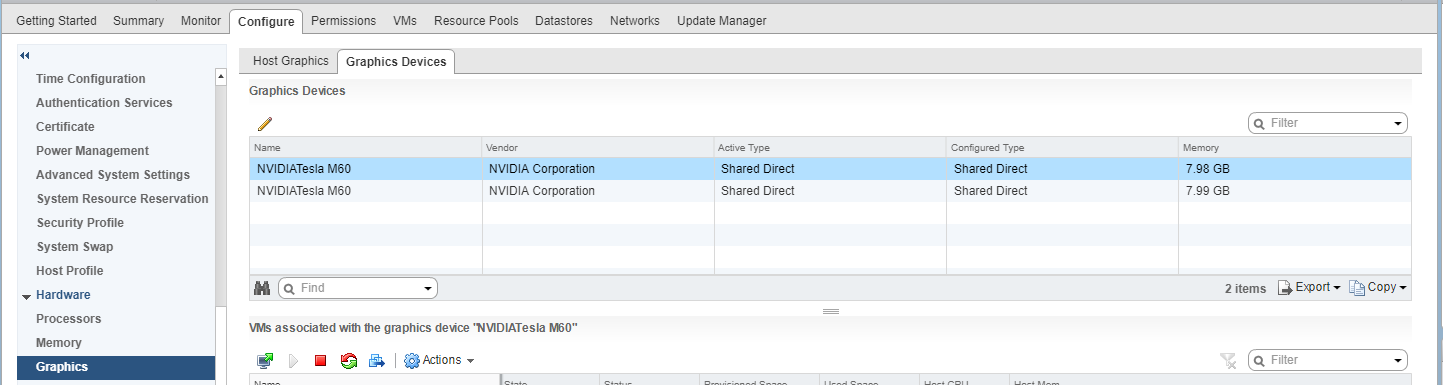 Screen capture of the Graphics Devices tab in the VMware vCenter Web UI, showing the active type and configured type of two NVIDIA GPUs as Shared DirectScreen capture of the Graphics Devices tab in the VMware vCenter Web UI, showing the active type and configured type of two NVIDIA GPUs as Shared Direct
