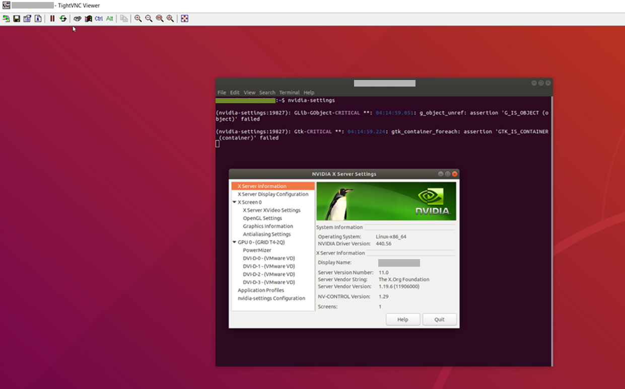 Screen capture showing NVIDIA X Server Settings running in a Gnome desktop X session in the TightVNC Viewer window.Screen capture showing NVIDIA X Server Settings running in a Gnome desktop X session in the TightVNC Viewer window.