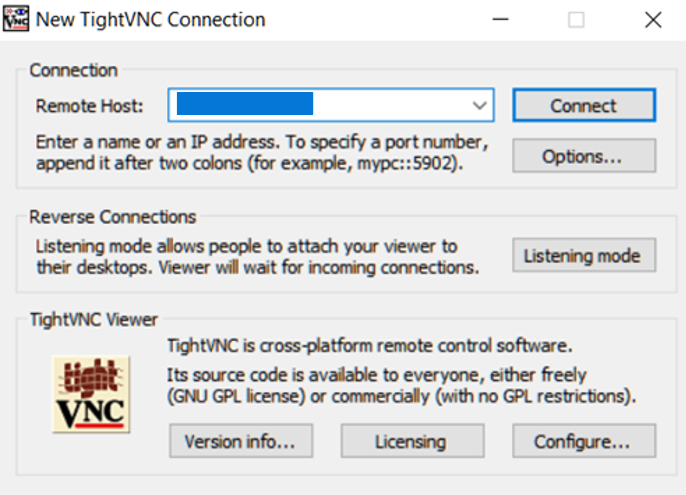 Screen capture showing the New TightVNC Connection dialog box.Screen capture showing the New TightVNC Connection dialog box.