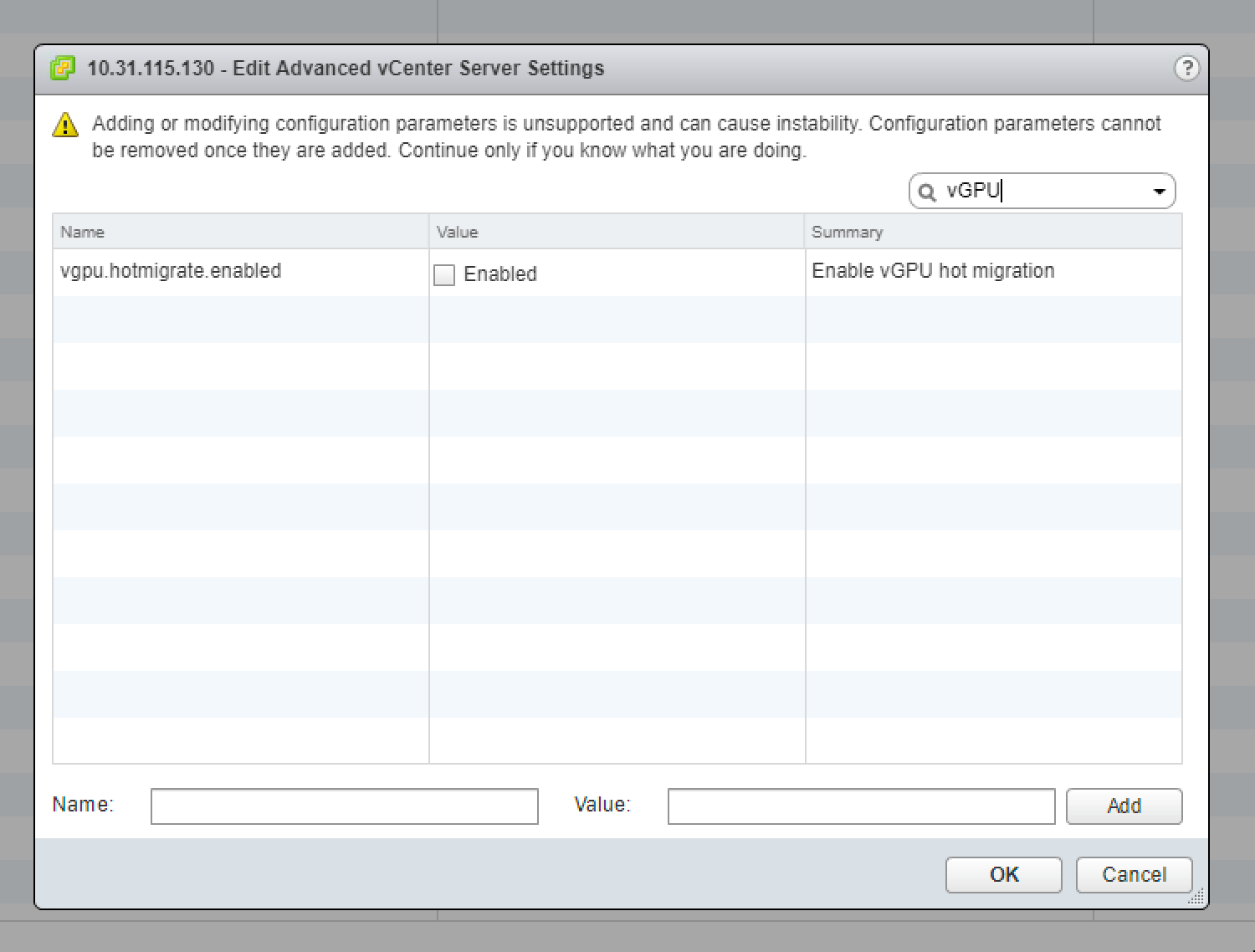 Screen capture showing the vgpu.hotmigrate.enabled setting in the Edit Advanced vCenter Server Settings window.Screen capture showing the vgpu.hotmigrate.enabled setting in the Edit Advanced vCenter Server Settings window.