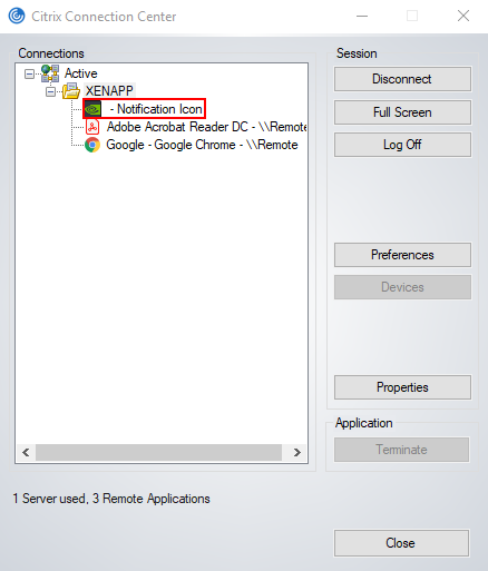 Screen capture showing the Citrix Connection Center window with the NVIDIA Notification Icon application and published applications.Screen capture showing the Citrix Connection Center window with the NVIDIA Notification Icon application and published applications.