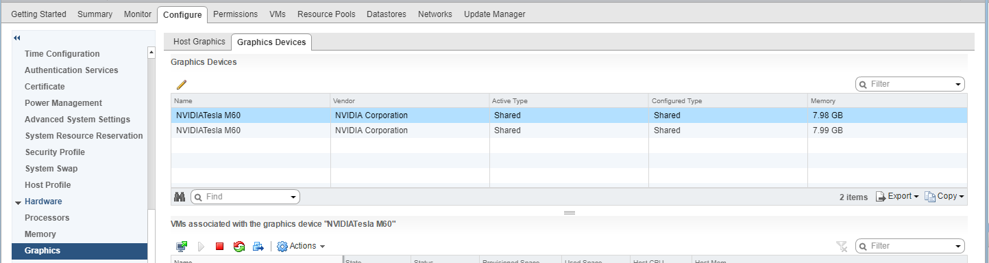 Screen capture of the Graphics Devices tab in the VMware vCenter Web UI, showing the active type and configured type of two NVIDIA GPUs as SharedScreen capture of the Graphics Devices tab in the VMware vCenter Web UI, showing the active type and configured type of two NVIDIA GPUs as Shared