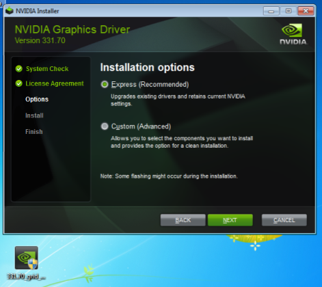 Screen capture showing NVIDIA driver installationScreen capture showing NVIDIA driver installation