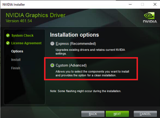 Screen capture showing the Custom (Advanced) option in the NVIDIA Installer windowScreen capture showing the Custom Advanced option in the NVIDIA Installer window