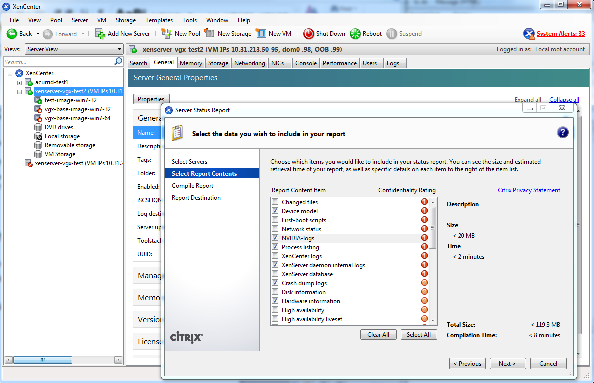 Screen capture of Citrix XenCenter showing how to include NVIDIA logs in a XenServer status report