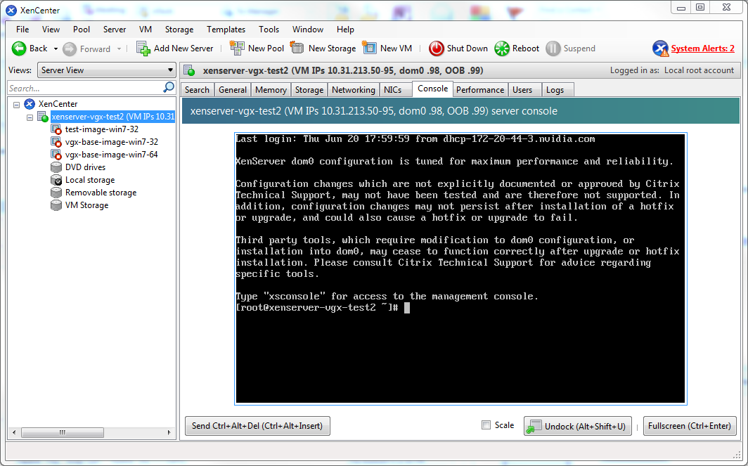 Screen capture showing how to connect to the dom0 shell by using XenCenter
