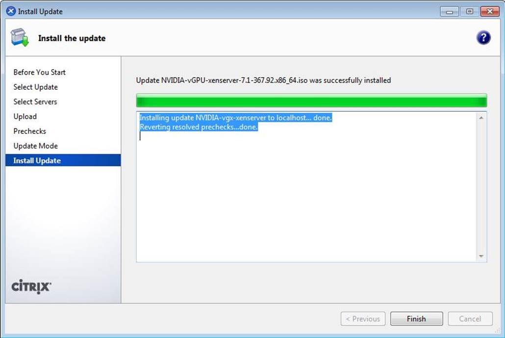 Screen capture showing successful installation of the NVIDIA vGPU Manager supplemental pack