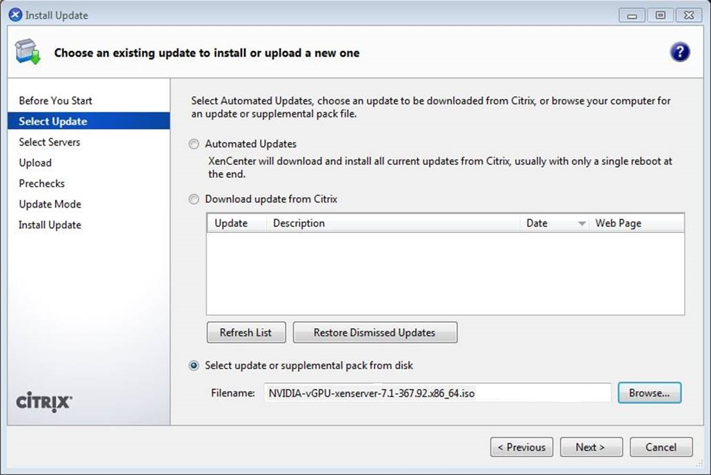Screen capture showing NVIDIA vGPU Manager supplemental pack selected in XenCenter