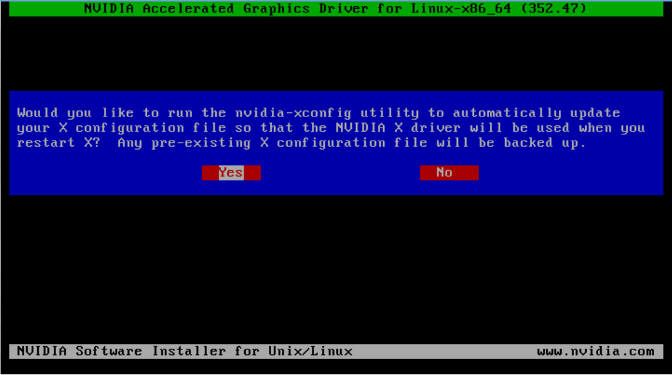 Screen capture of the character-based user interface of the NVIDIA Linux driver installer displaying the prompt to update the X configuration file ( xorg.conf ) settings