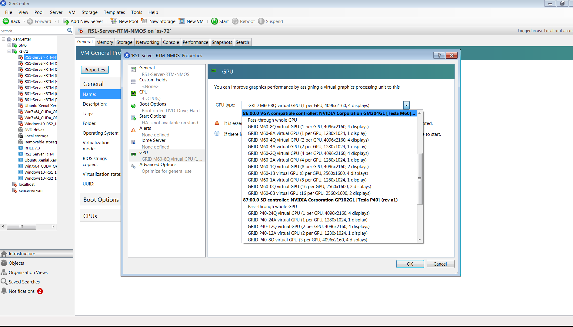 Screen capture showing how to use a custom GPU group in XenCenter