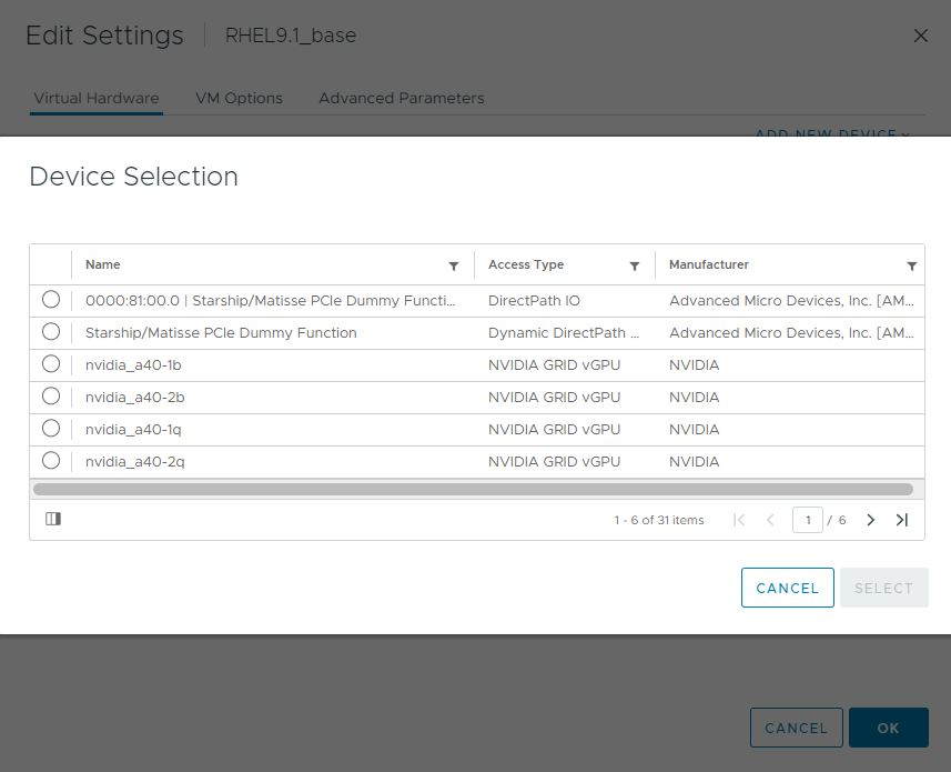Screen capture showing VM settings for vGPU in the Device Selection window in the VMware vCenter Web UIScreen capture showing VM settings for vGPU in the Device Selection window in the VMware vCenter Web UI