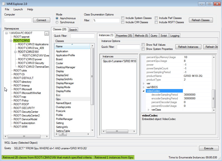 Screen capture showing GPU metrics from the ROOTIMV2V namespace in the WMI Explorer screen