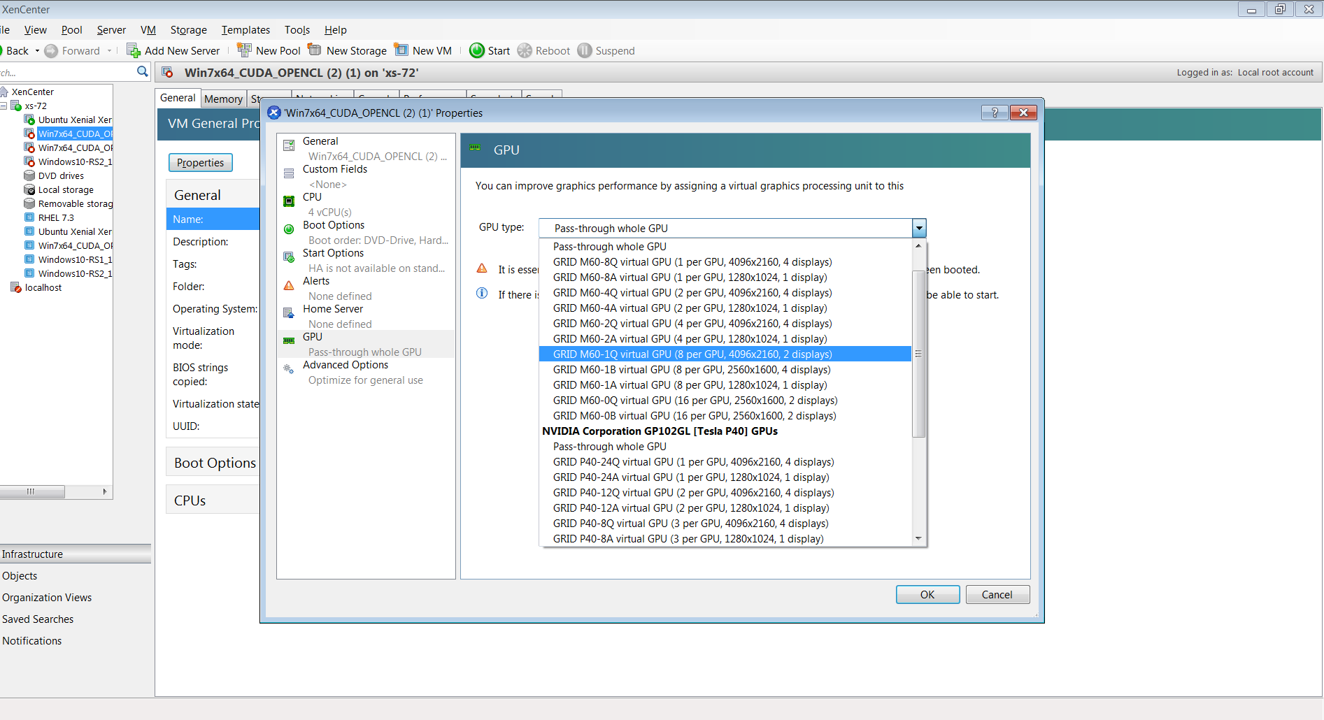 Screen capture showing the use of XenCenter to configure a VM with a vGPUScreen capture showing the use of XenCenter to configure a VM with a vGPU