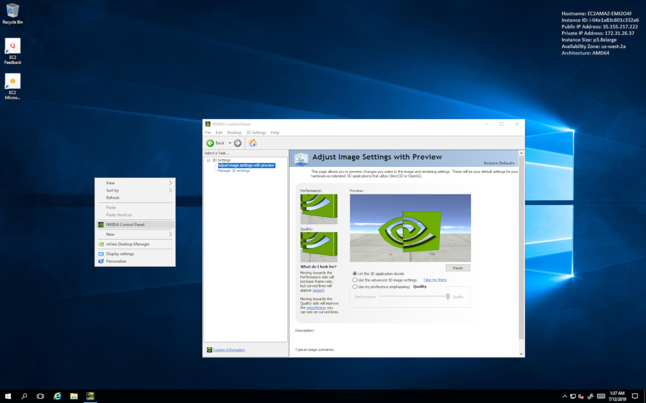 Screen capture showing the verification of NVIDIA driver operation using NVIDIA Control Panel