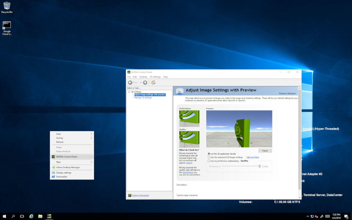 Screen capture showing the verification of NVIDIA driver operation using NVIDIA Control Panel