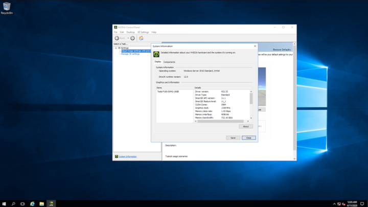 Screen capture showing the verification of NVIDIA driver operation using NVIDIA Control Panel
