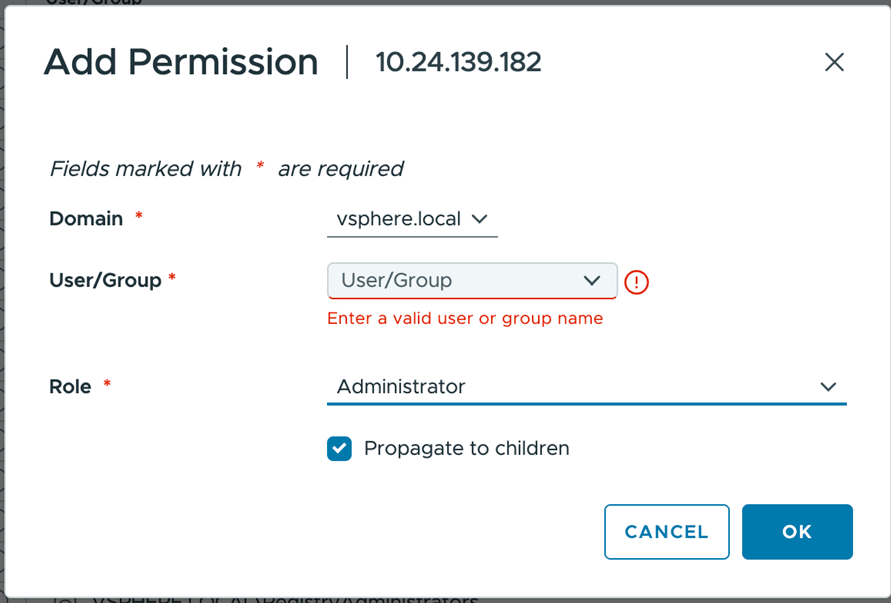 Screen capture of the Add Permission window showing the selection of the Administrator role and the Propagate to children option