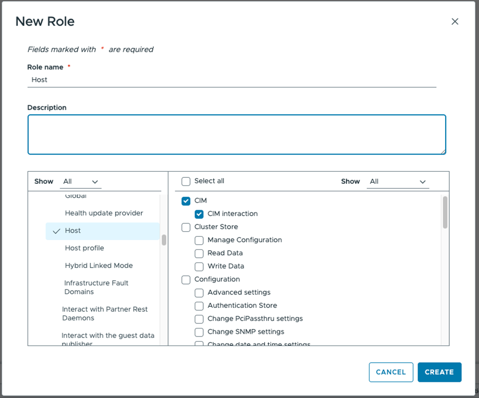 Screen capture of the New Role window showing the selection of the Host, CIM, and CIM interaction privileges