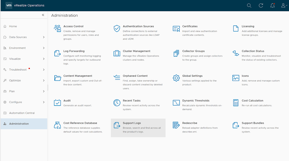 Screen capture showing the VMware vRealize Operations Administration page with the Support Logs option selected.
