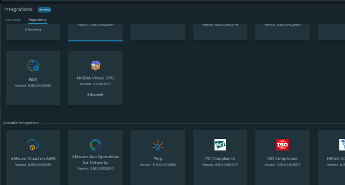 Screen capture showing NVIDIA Virtual GPU Management Pack for VMware Aria Operations with the Additional Options menu open on the Repository tab of the Integrations page.