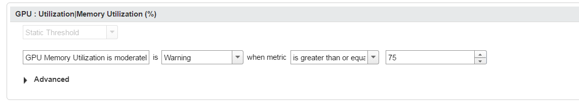 Screen capture showing the window for changing the definition of the GPU Memory Utilization is moderately high symptom for the GPU: Utilization|Memory Utilization metric.