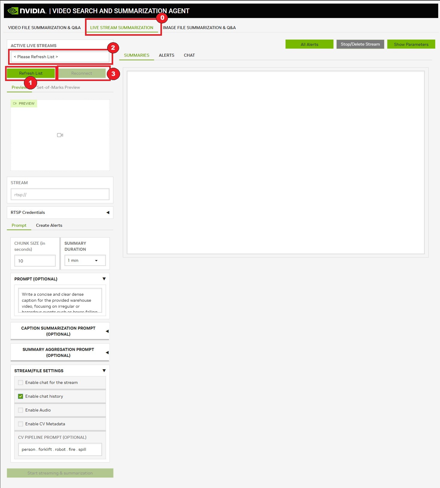 Live stream summarization re-connect