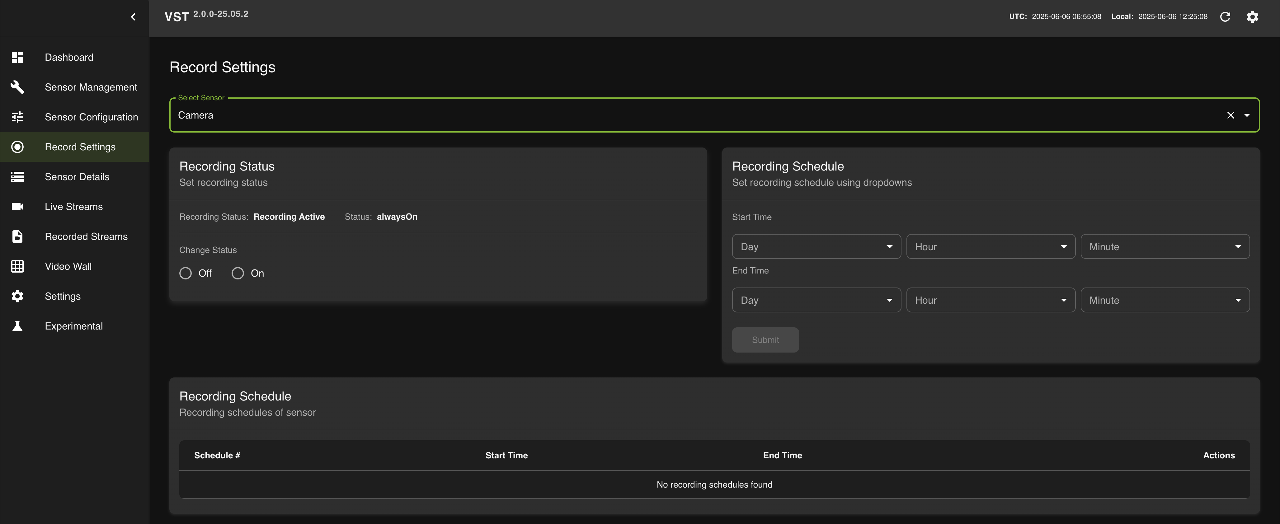 VIOS WebUI camera record setting.