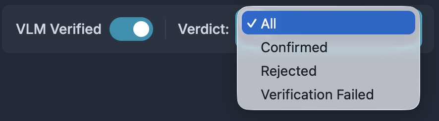 VSS Reference User Interface - Alerts Tab - Verdict Filter