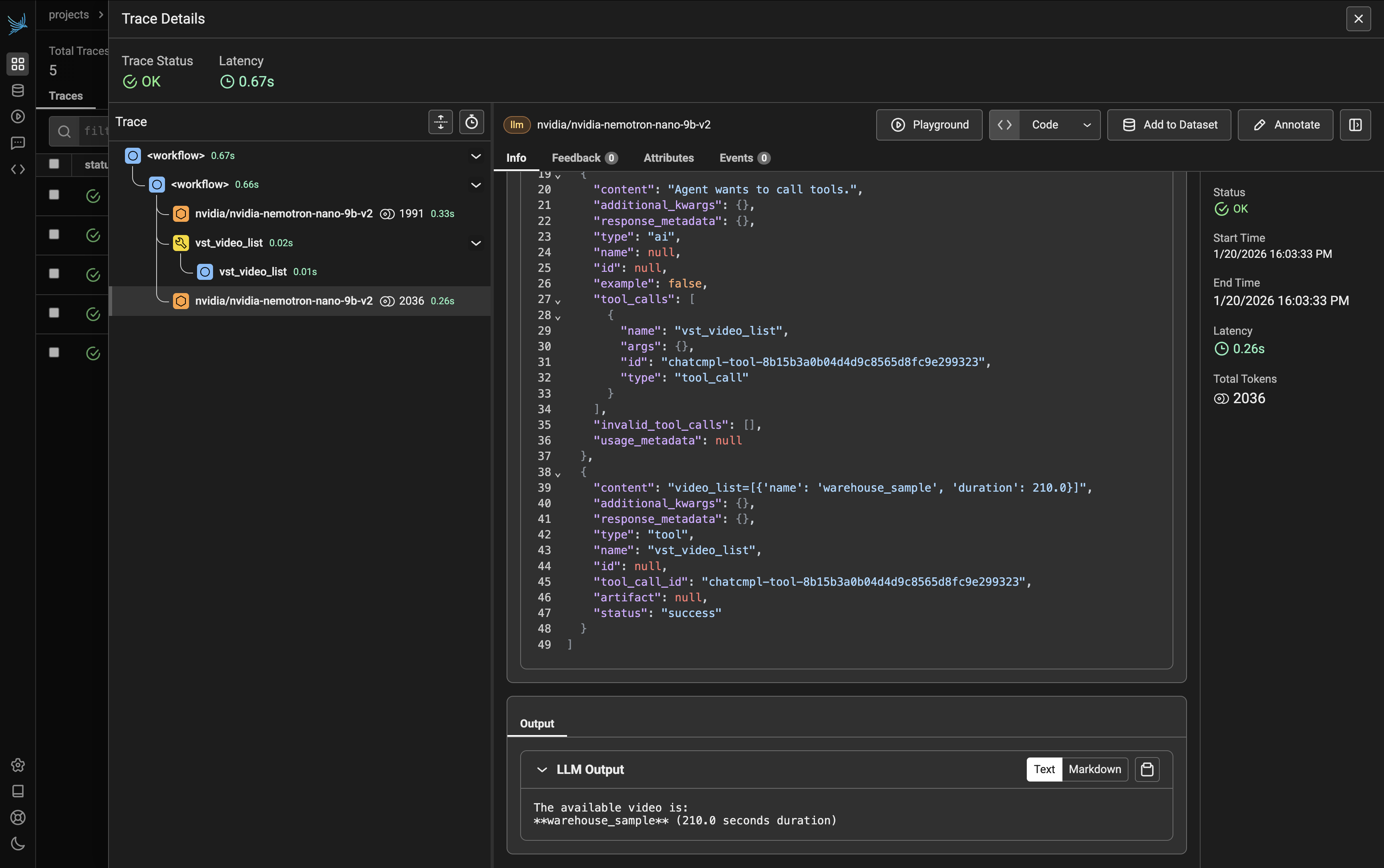 Sample Phoenix Query Trace - Tool Call and Final Response